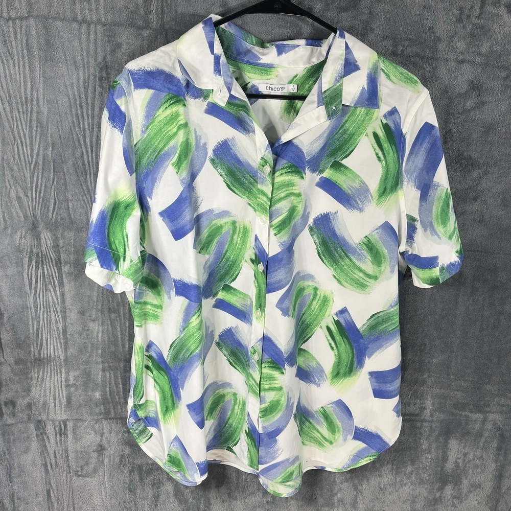 Chicos Top Blouse Womens Plus 16 Paint‎ Print Button Shirt Short Sleeve Abstract